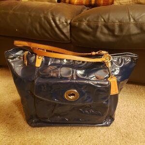 Coach navy Signature Leah Embossed Patent Leather Shoulder Tote Bag